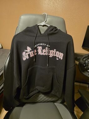 NWOT-NEVER Worn..True Religion Black Hoodie with Pink Jeweled Logo Size Small